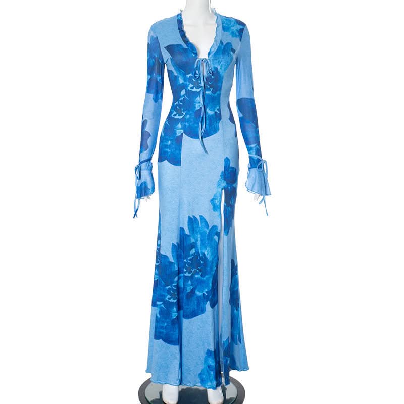 Slit v neck self tie long flared sleeve print maxi dress  | Festival Outfits Women