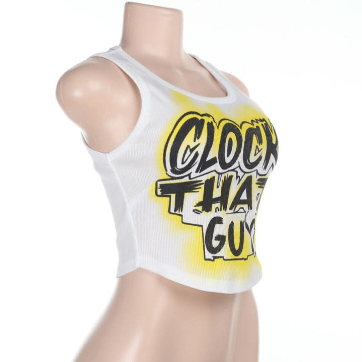 Ribbed round neck letter print contrast crop top  | Festival Outfits Women