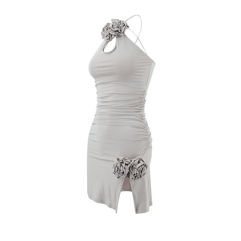 Ruched slit flower applique backless mini dress  | Festival Outfits Women