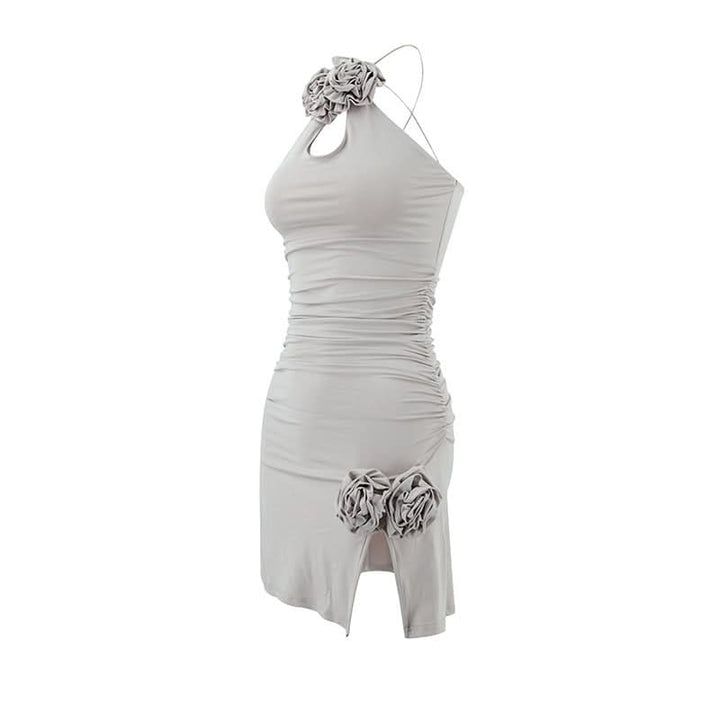 Ruched slit flower applique backless mini dress  | Festival Outfits Women