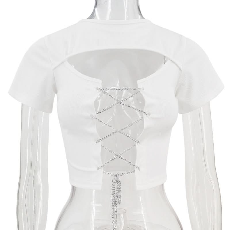 Short sleeve hollow out metal chain lace up ribbed cut out top  | Festival Outfits Women