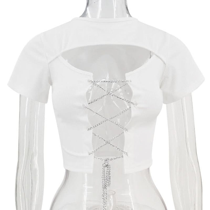 Short sleeve hollow out metal chain lace up ribbed cut out top  | Festival Outfits Women
