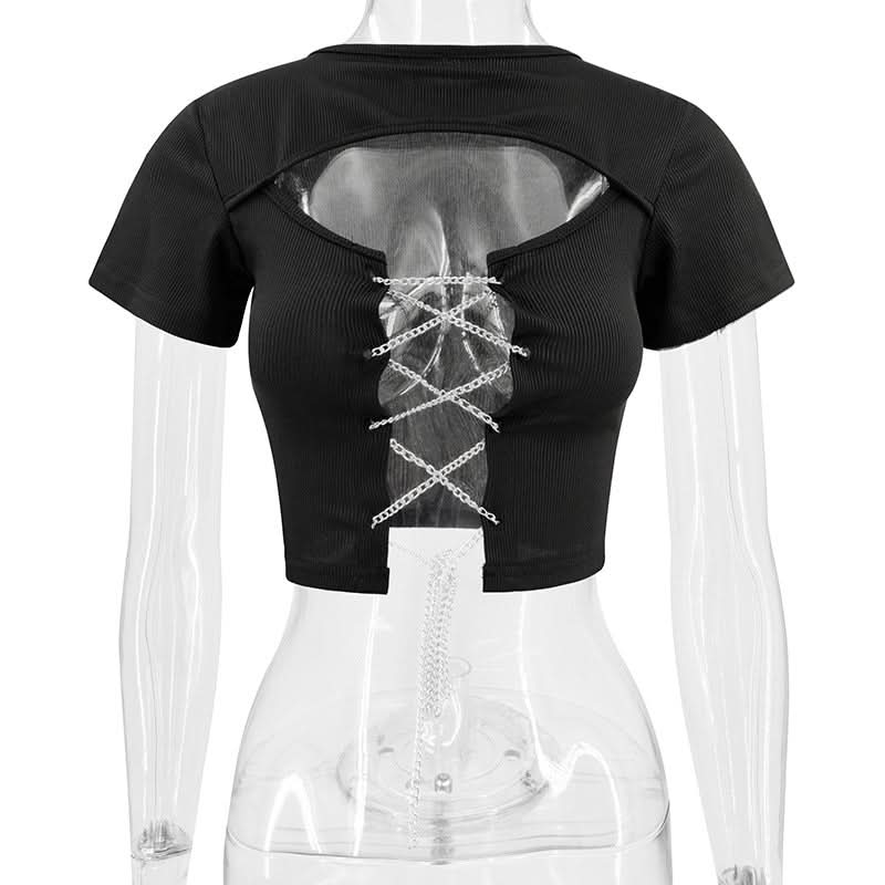 Short sleeve hollow out metal chain lace up ribbed cut out top  | Festival Outfits Women