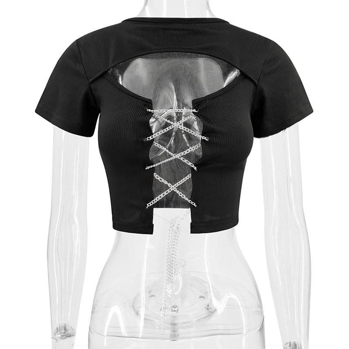 Short sleeve hollow out metal chain lace up ribbed cut out top  | Festival Outfits Women