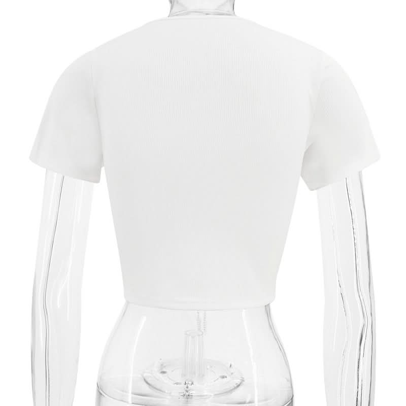Short sleeve hollow out metal chain lace up ribbed cut out top  | Festival Outfits Women