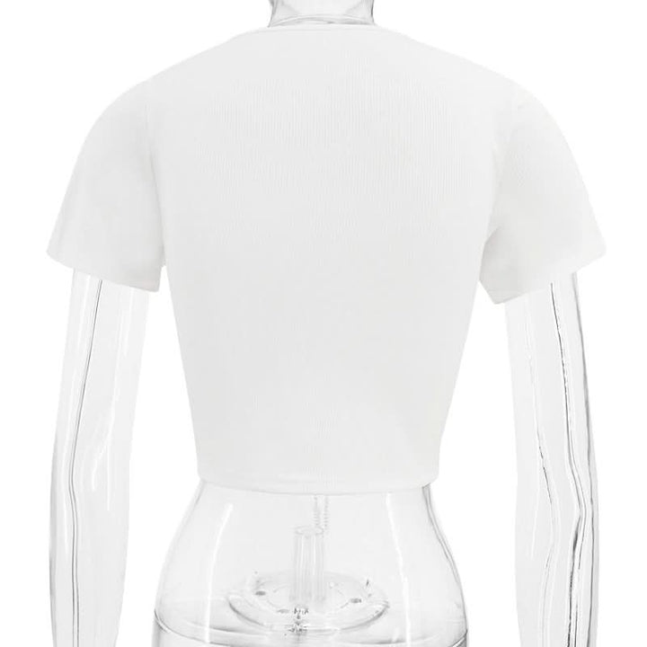 Short sleeve hollow out metal chain lace up ribbed cut out top  | Festival Outfits Women