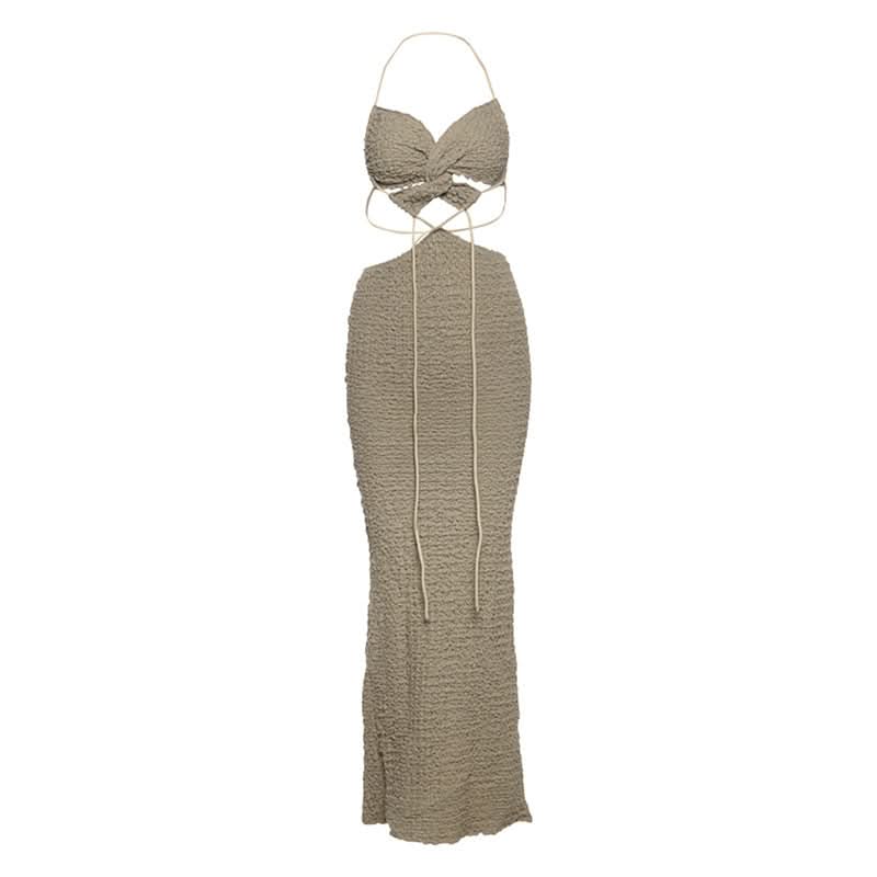 Textured halter self tie v neck hollow out cut out maxi dress  | Festival Outfits Women