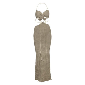 Textured halter self tie v neck hollow out cut out maxi dress  | Festival Outfits Women