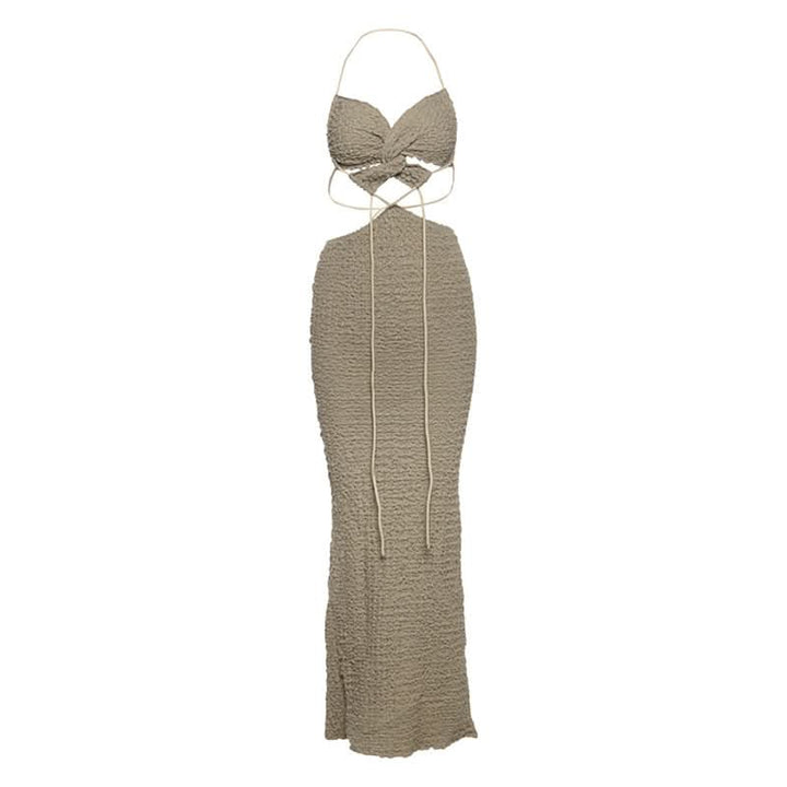 Textured halter self tie v neck hollow out cut out maxi dress  | Festival Outfits Women