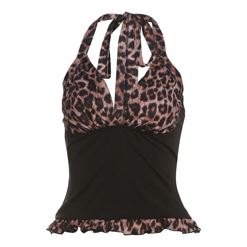 Leopard print halter self tie v neck ruffle top  | Festival Outfits Women  | Cheetah Print Top