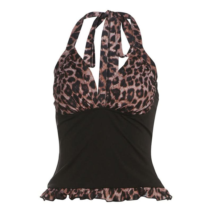 Leopard print halter self tie v neck ruffle top  | Festival Outfits Women  | Cheetah Print Top