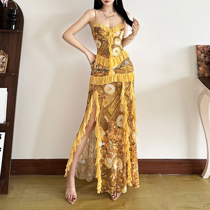 Ruffle v neck slit print cami maxi dress  | Festival Outfits Women