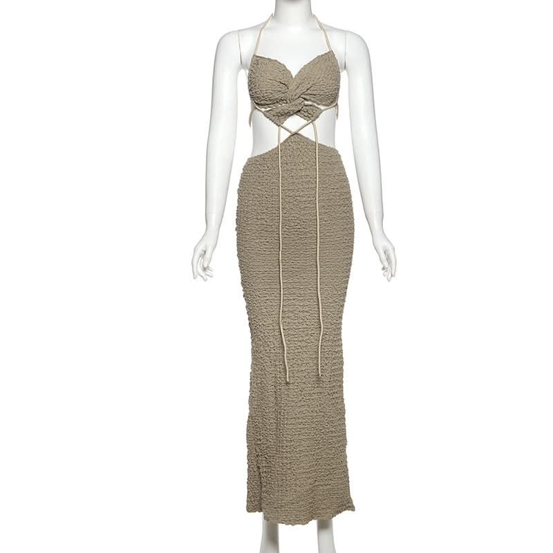 Textured halter self tie v neck hollow out cut out maxi dress  | Festival Outfits Women
