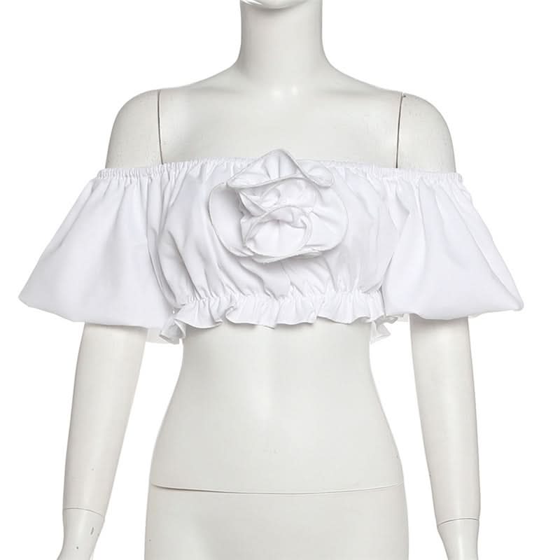 Off shoulder ruched flower applique crop top  | Festival Outfits Women