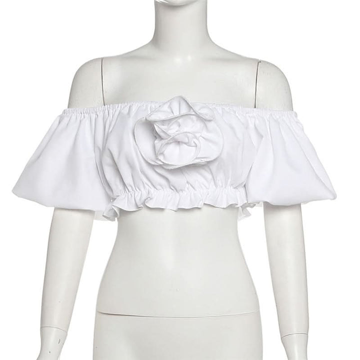 Off shoulder ruched flower applique crop top  | Festival Outfits Women