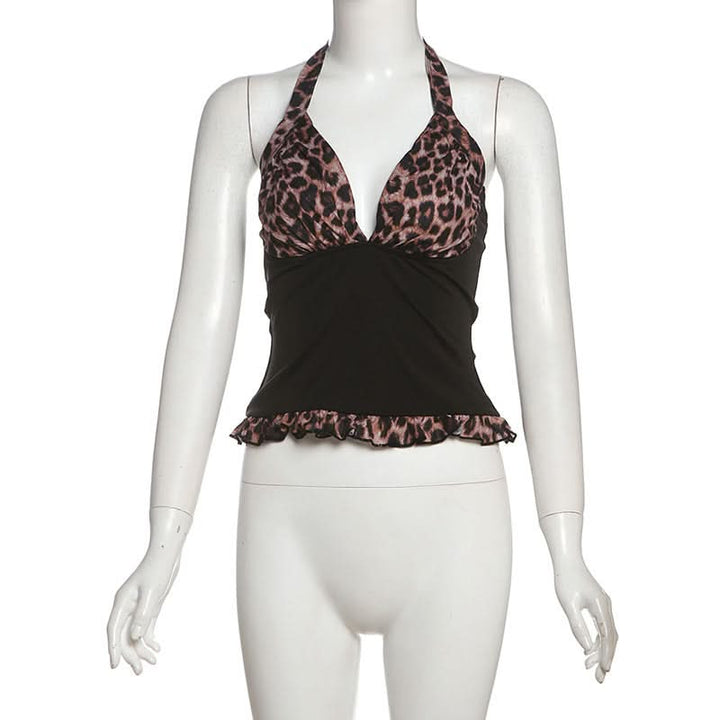Leopard print halter self tie v neck ruffle top  | Festival Outfits Women  | Cheetah Print Top