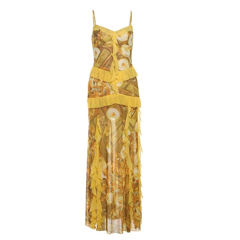 Ruffle v neck slit print cami maxi dress  | Festival Outfits Women