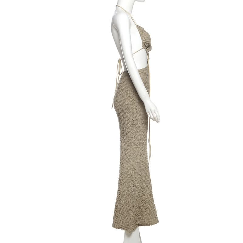Textured halter self tie v neck hollow out cut out maxi dress  | Festival Outfits Women