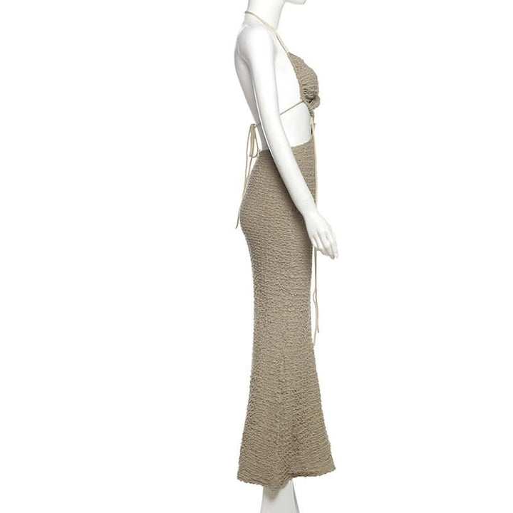 Textured halter self tie v neck hollow out cut out maxi dress  | Festival Outfits Women