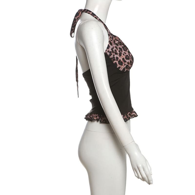 Leopard print halter self tie v neck ruffle top  | Festival Outfits Women  | Cheetah Print Top