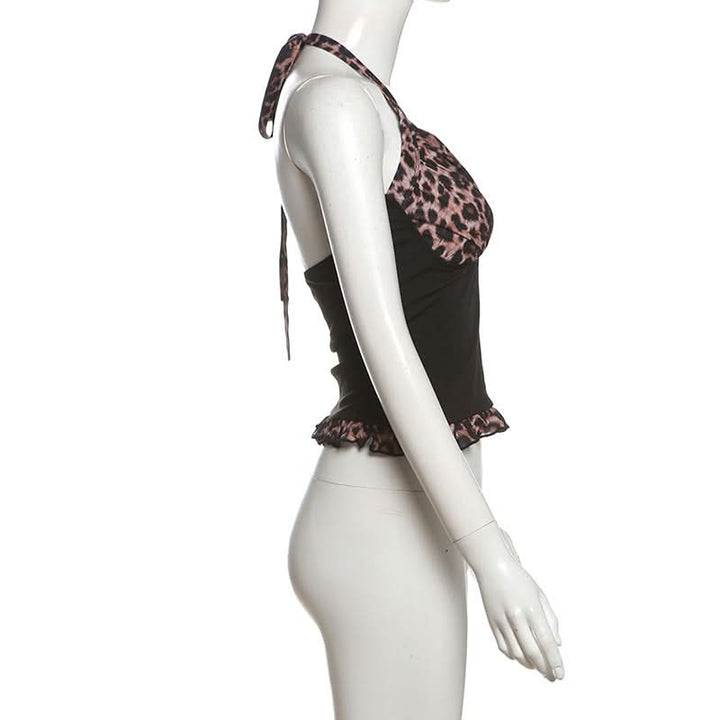Leopard print halter self tie v neck ruffle top  | Festival Outfits Women  | Cheetah Print Top