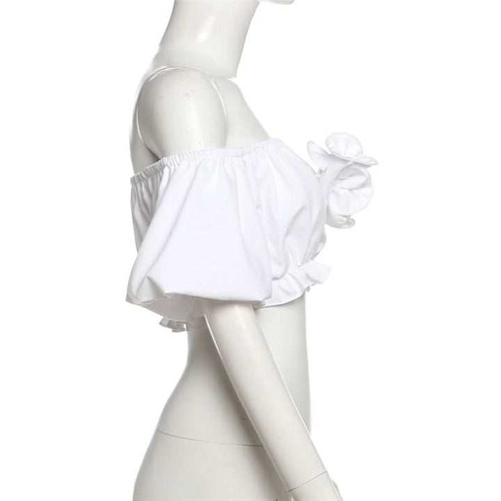 Off shoulder ruched flower applique crop top  | Festival Outfits Women
