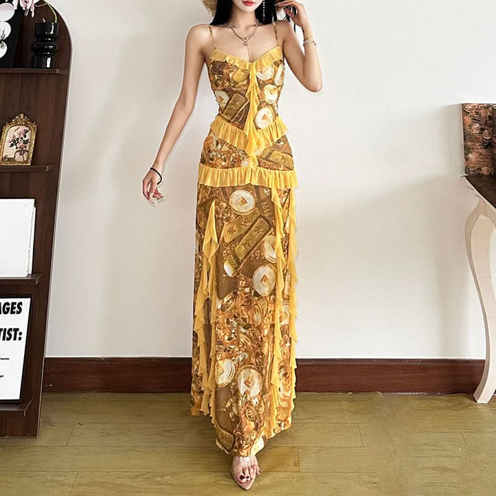 Ruffle v neck slit print cami maxi dress  | Festival Outfits Women