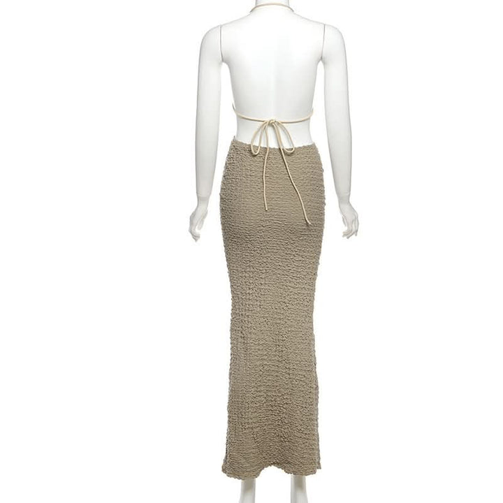 Textured halter self tie v neck hollow out cut out maxi dress  | Festival Outfits Women