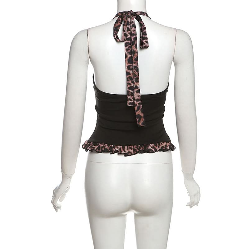 Leopard print halter self tie v neck ruffle top  | Festival Outfits Women  | Cheetah Print Top