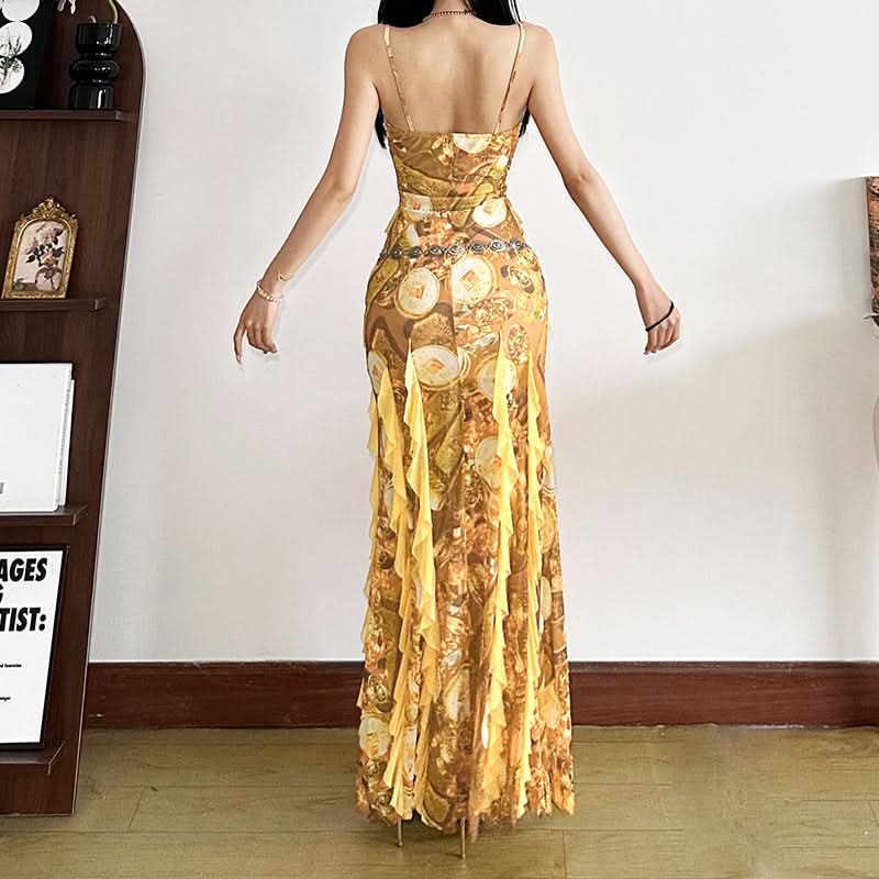 Ruffle v neck slit print cami maxi dress  | Festival Outfits Women