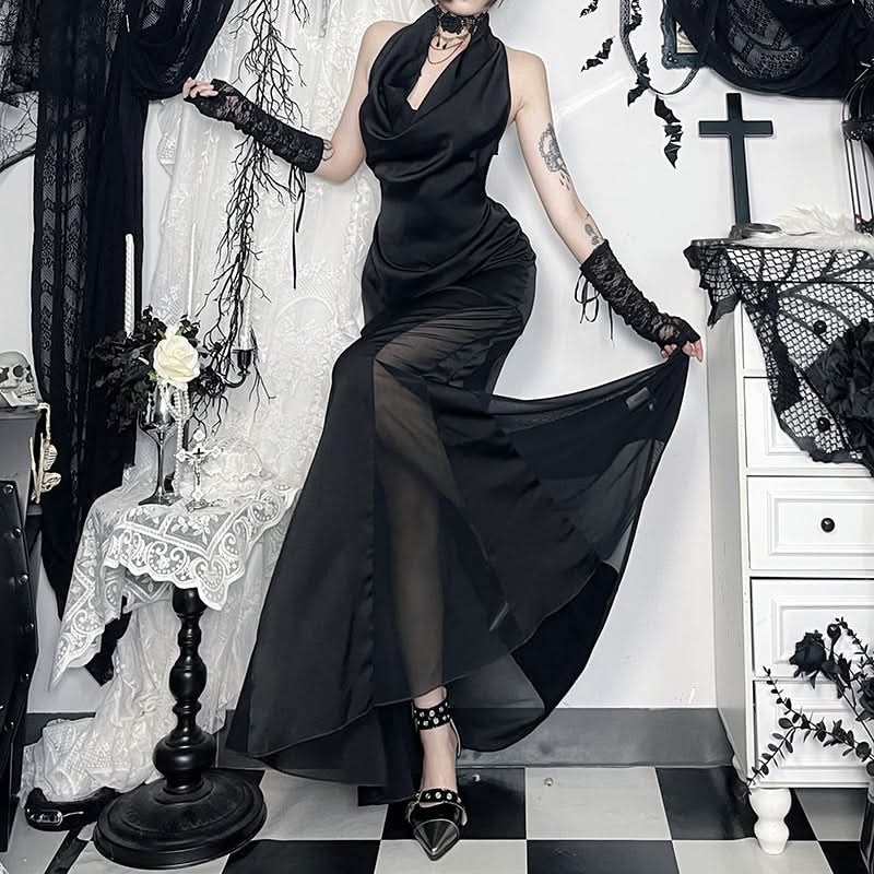 Cowl neck zip-up backless solid maxi dress  | Festival Outfits Women