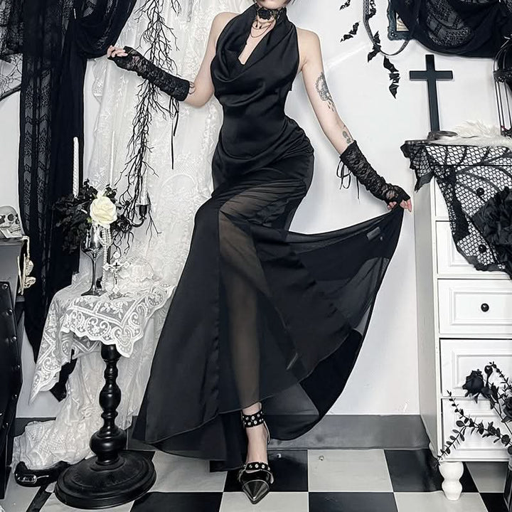Cowl neck zip-up backless solid maxi dress  | Festival Outfits Women
