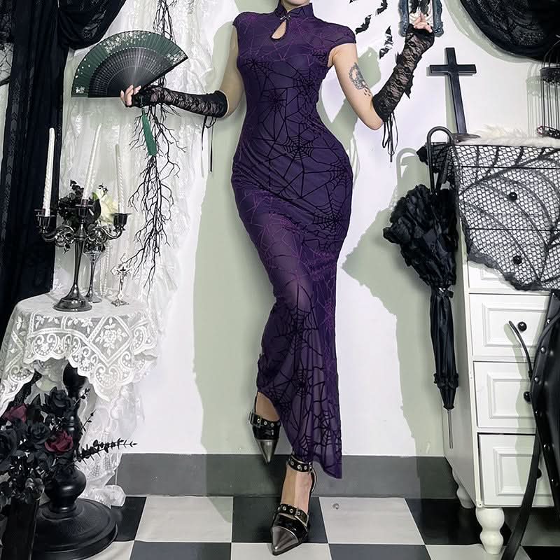 Hollow out spider web print slit v neck cut out maxi dress  | Festival Outfits Women