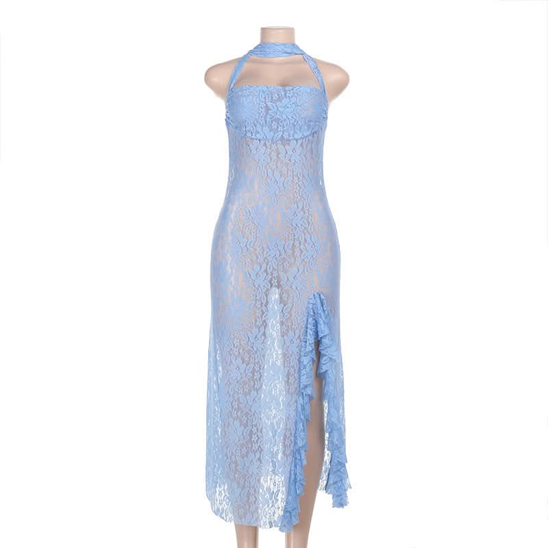 Halter square neck lace see through slit midi dress  | Festival Outfits Women