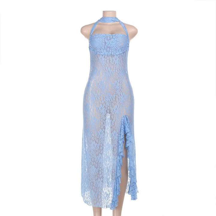 Halter square neck lace see through slit midi dress  | Festival Outfits Women