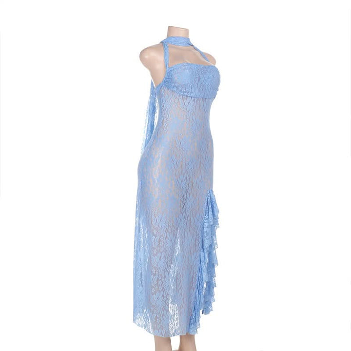 Halter square neck lace see through slit midi dress  | Festival Outfits Women