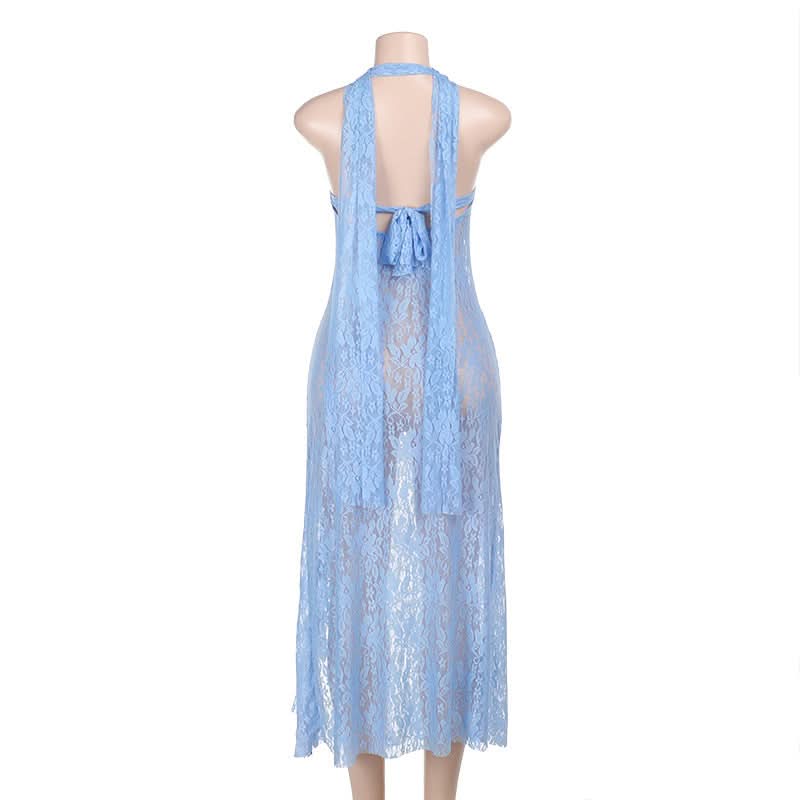 Halter square neck lace see through slit midi dress  | Festival Outfits Women