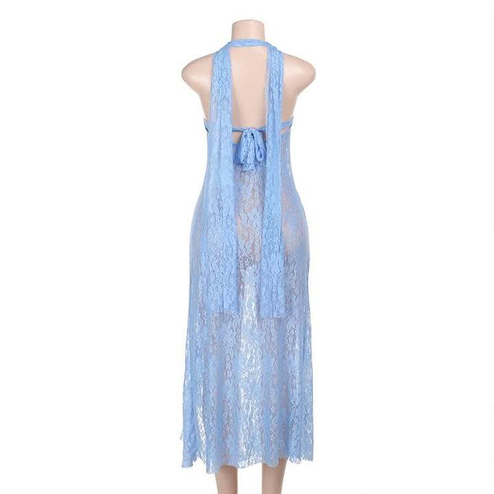 Halter square neck lace see through slit midi dress  | Festival Outfits Women