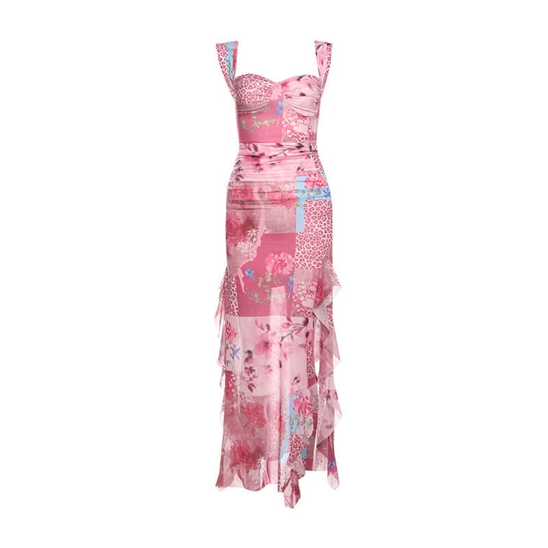 Slit print ruffle v neck tank maxi dress  | Festival Outfits Women