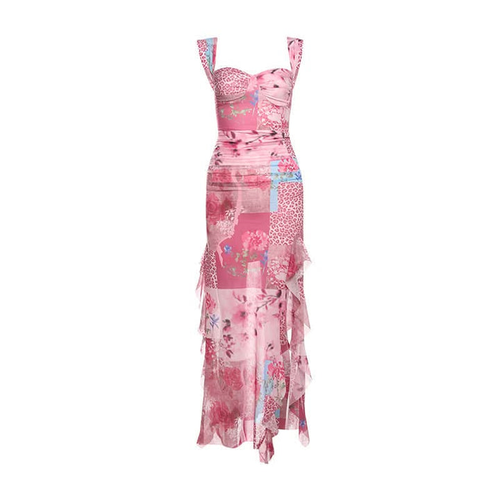 Slit print ruffle v neck tank maxi dress  | Festival Outfits Women