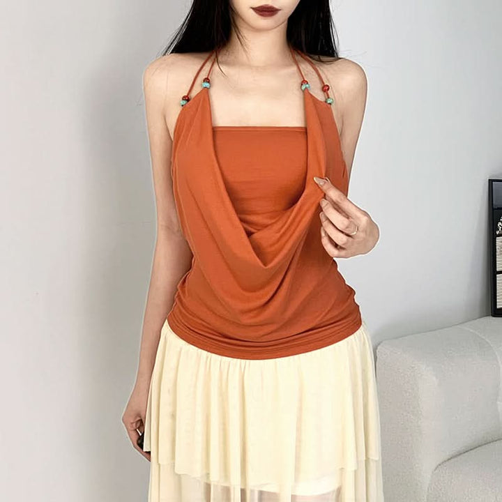 Halter beaded solid backless square neck top  | Festival Outfits Women