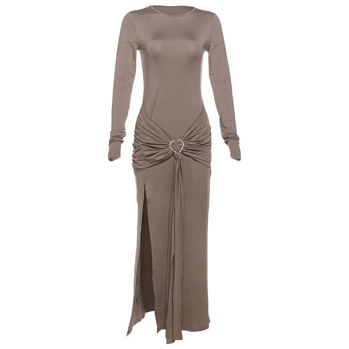 Crewneck long sleeve ruched slit maxi dress  | Festival Outfits Women