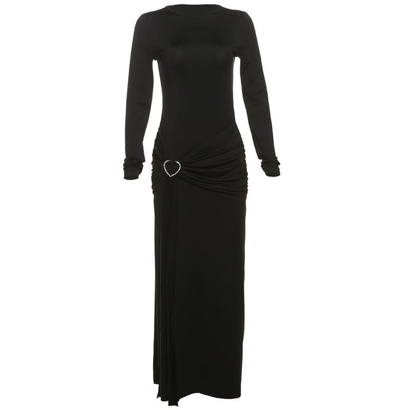 Crewneck long sleeve ruched slit maxi dress  | Festival Outfits Women