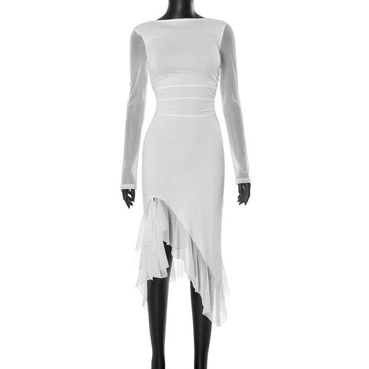 Long sleeve mesh patchwork ruffle midi dress  | Festival Outfits Women