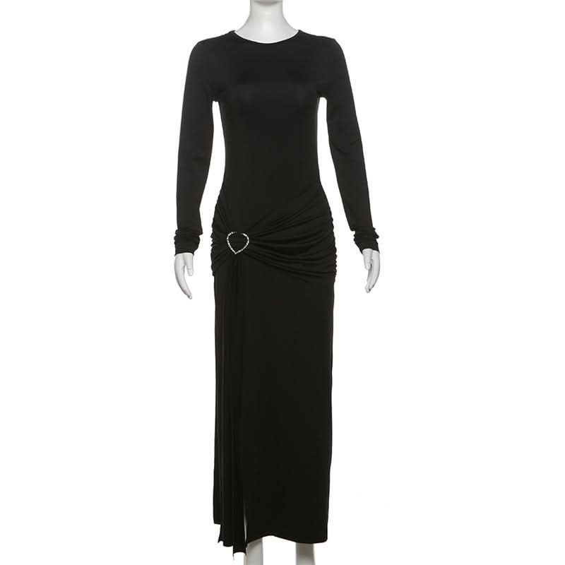 Crewneck long sleeve ruched slit maxi dress  | Festival Outfits Women