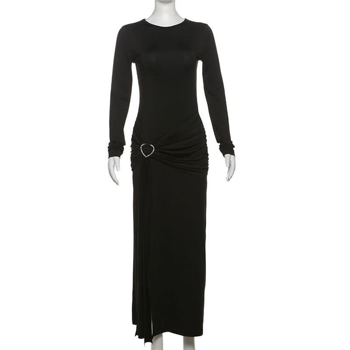 Crewneck long sleeve ruched slit maxi dress  | Festival Outfits Women