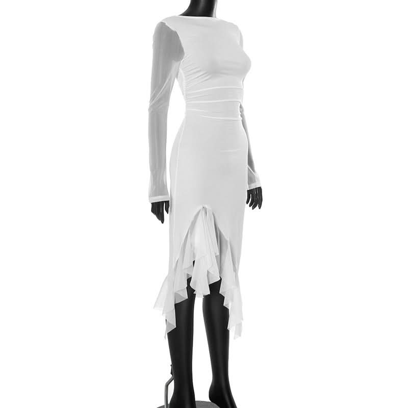 Long sleeve mesh patchwork ruffle midi dress  | Festival Outfits Women
