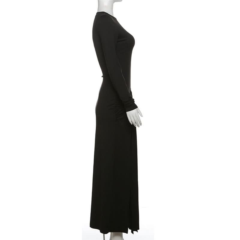 Crewneck long sleeve ruched slit maxi dress  | Festival Outfits Women