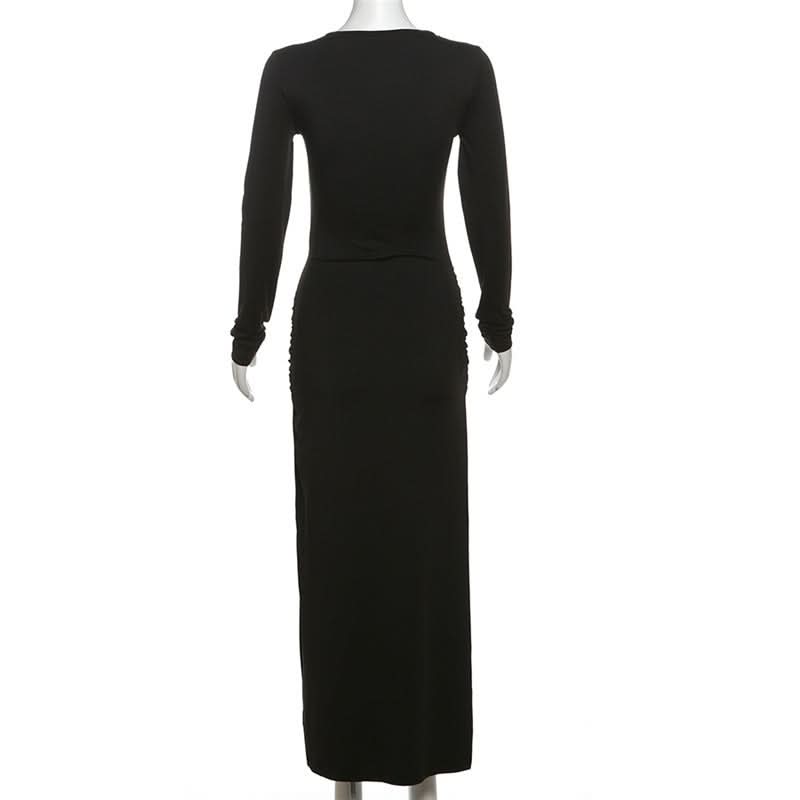 Crewneck long sleeve ruched slit maxi dress  | Festival Outfits Women