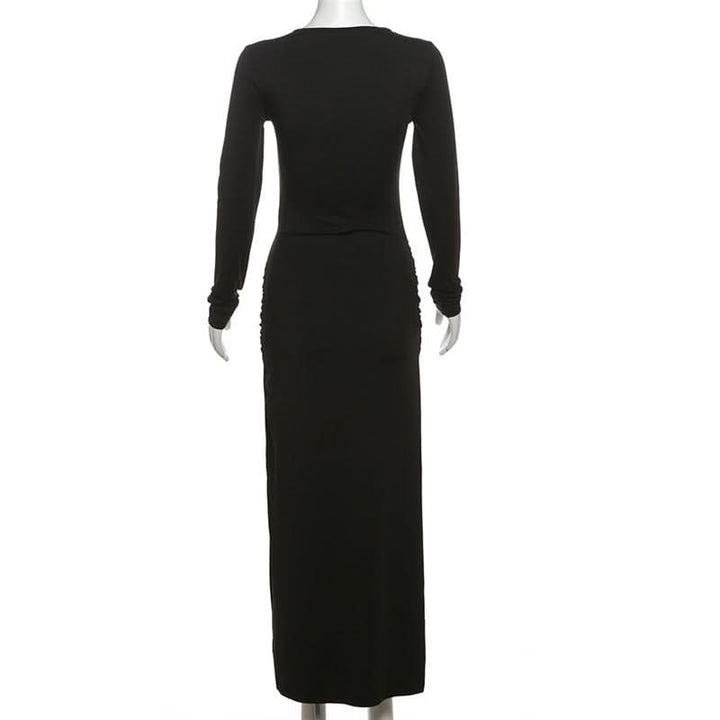 Crewneck long sleeve ruched slit maxi dress  | Festival Outfits Women